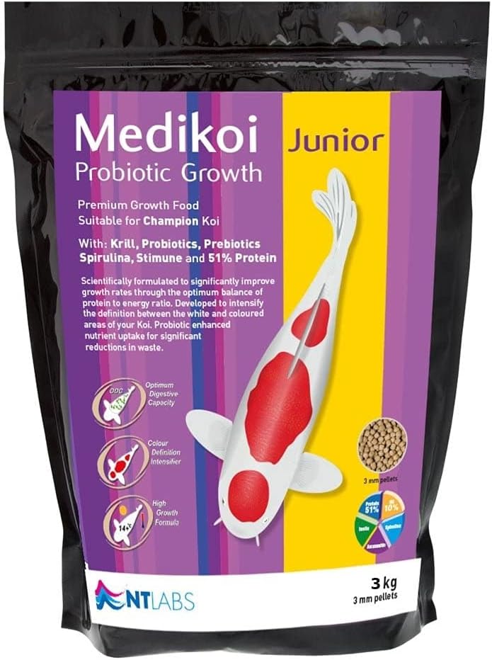 NT Labs Medikoi Probiotic Growth, Complete Feed For All Pond Fish, Ideal For Late Spring and Summer Feeding, High Protein Fish Feed, Maintains Immune System, Koi Fish Food (3 kg)(3 mm)