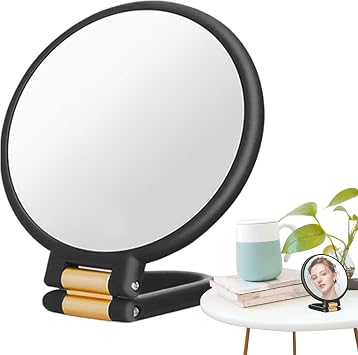 Tabletop Makeup Mirror - Dual Sided Glass, Compact Magnifier | Folding Cosmetic Display with Creative Rotating Vanity Tool, Stand for Bedroom Counter, Dressing Table, Travel Skincare Session