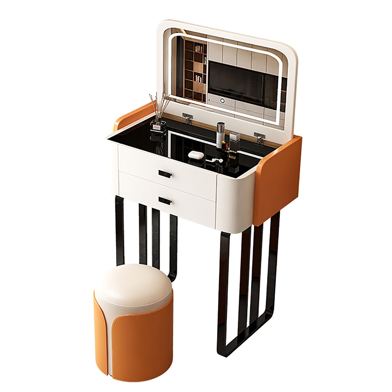 asdchZen Dimmable Lighted Makeup Vanity Desk Set With Mirror 2 Storage Drawers Cushioned Stool-Stylish Dressing Table For Beauty 19.6In/50Cm