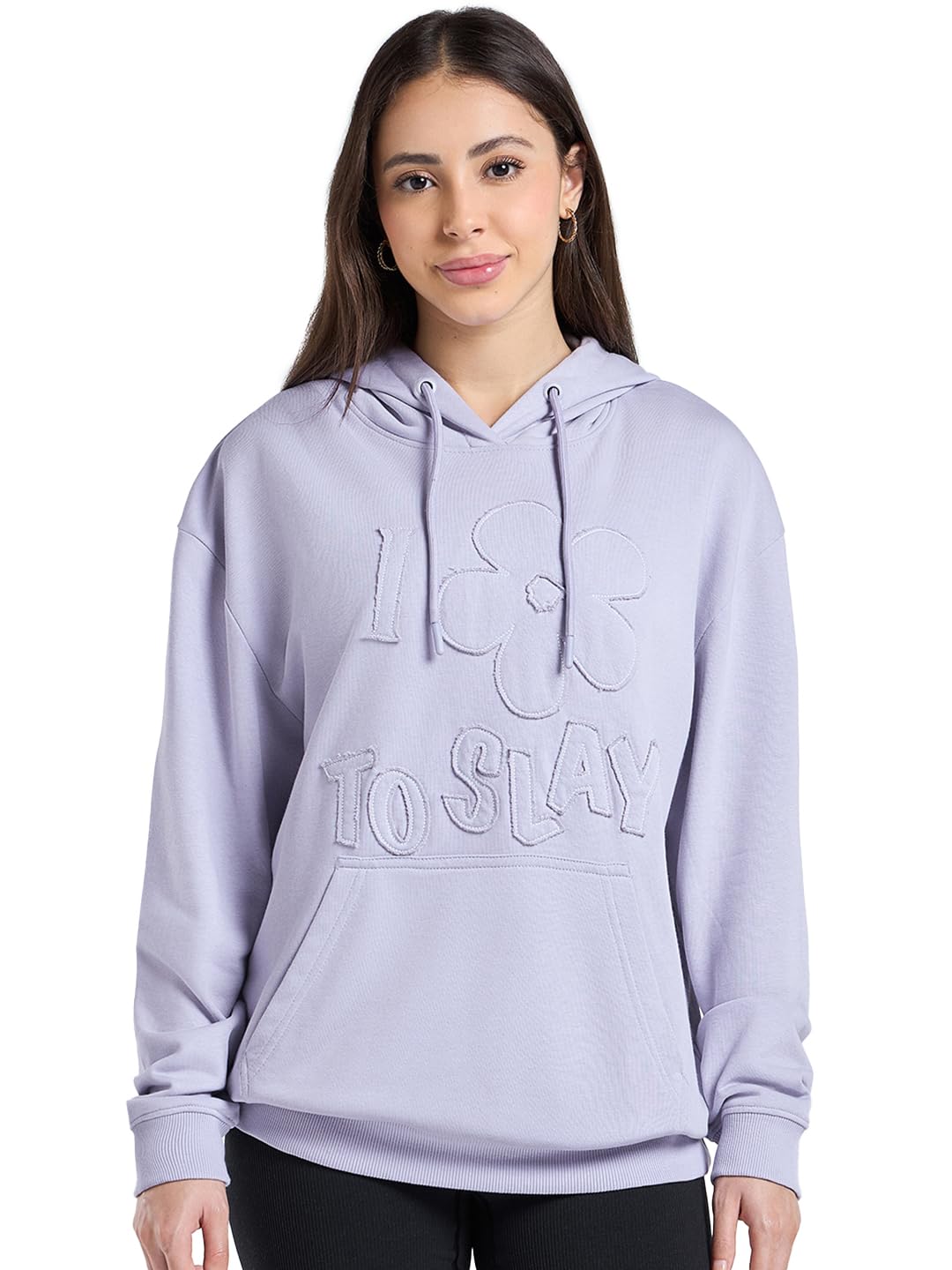 Bewakoof Women's Applique Oversized Fit Full Sleeve Polycotton Hoodies in neutral