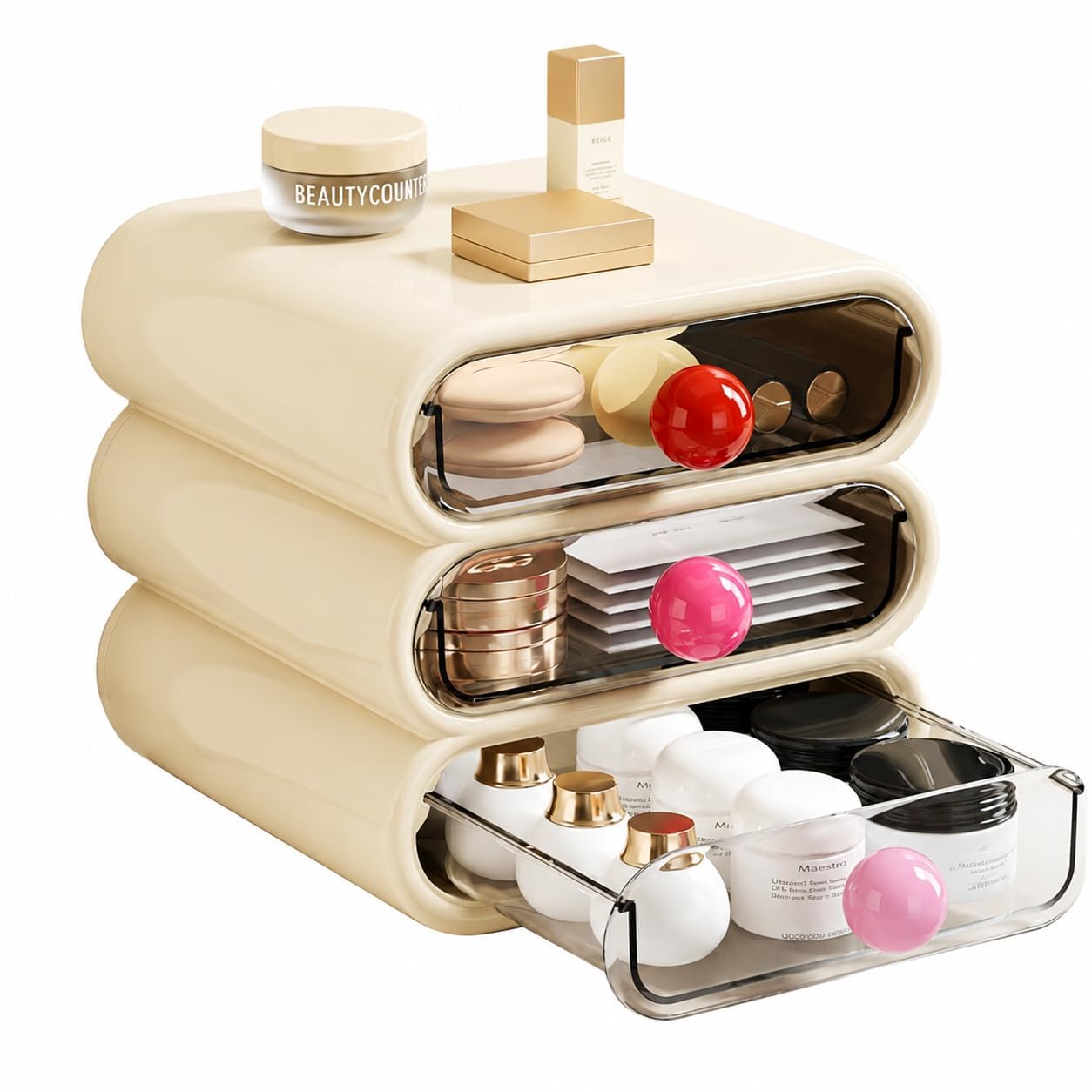 aesthetic cream makeup storage drawers with colorful round knobs, 3-tier stacking desktop vanity organizer, clear acrylic pull-out drawers for cosmetics, skincare, brushes & hair accessories