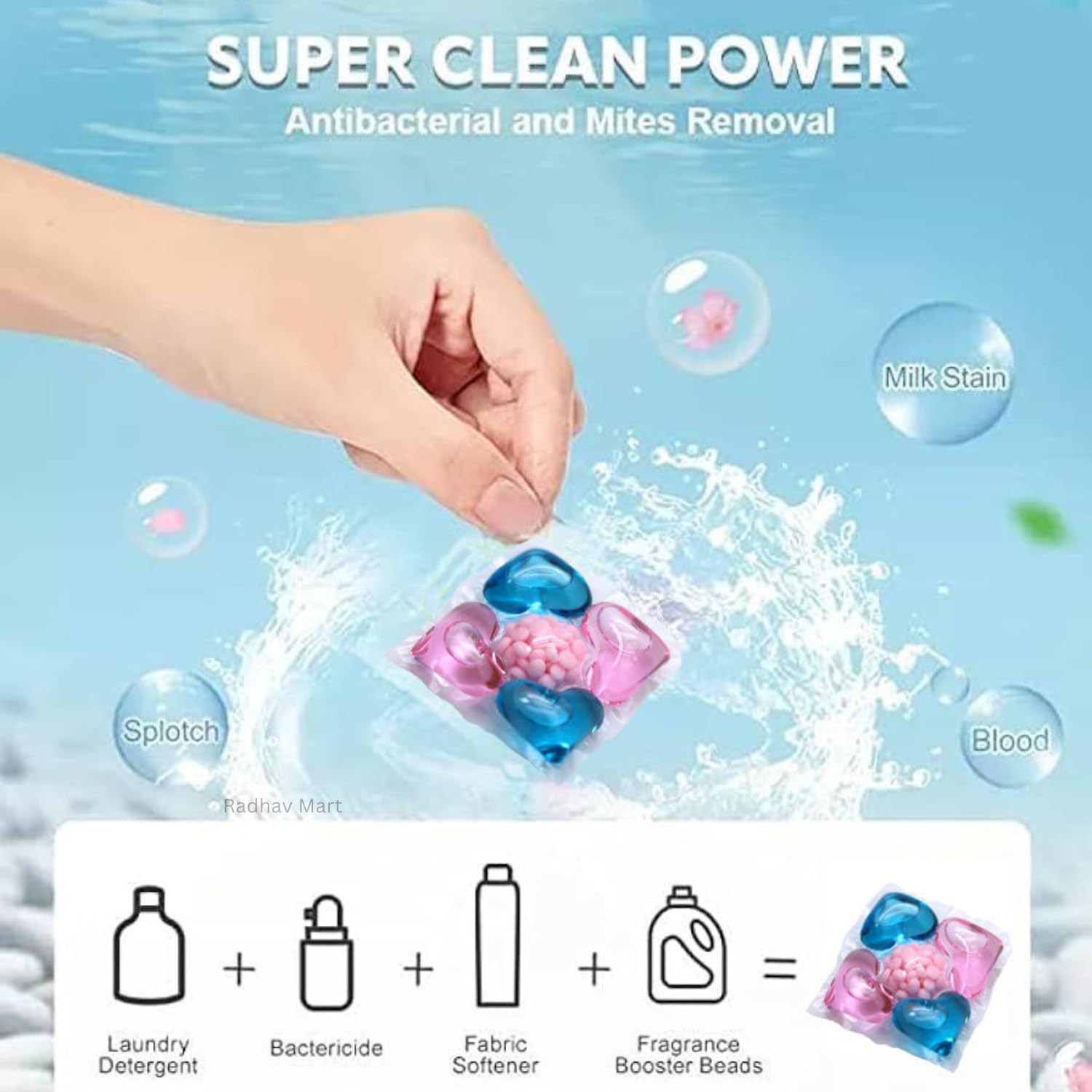 Radhav Mart 5-in-1 Dissolvable Magic Laundry Pods for 10 Washes | Tough Stain Fighter for Top & Front Load Machines | High Efficiency With Long-Lasting Fragrance | Floral Aroma & Eco-Friendly 4