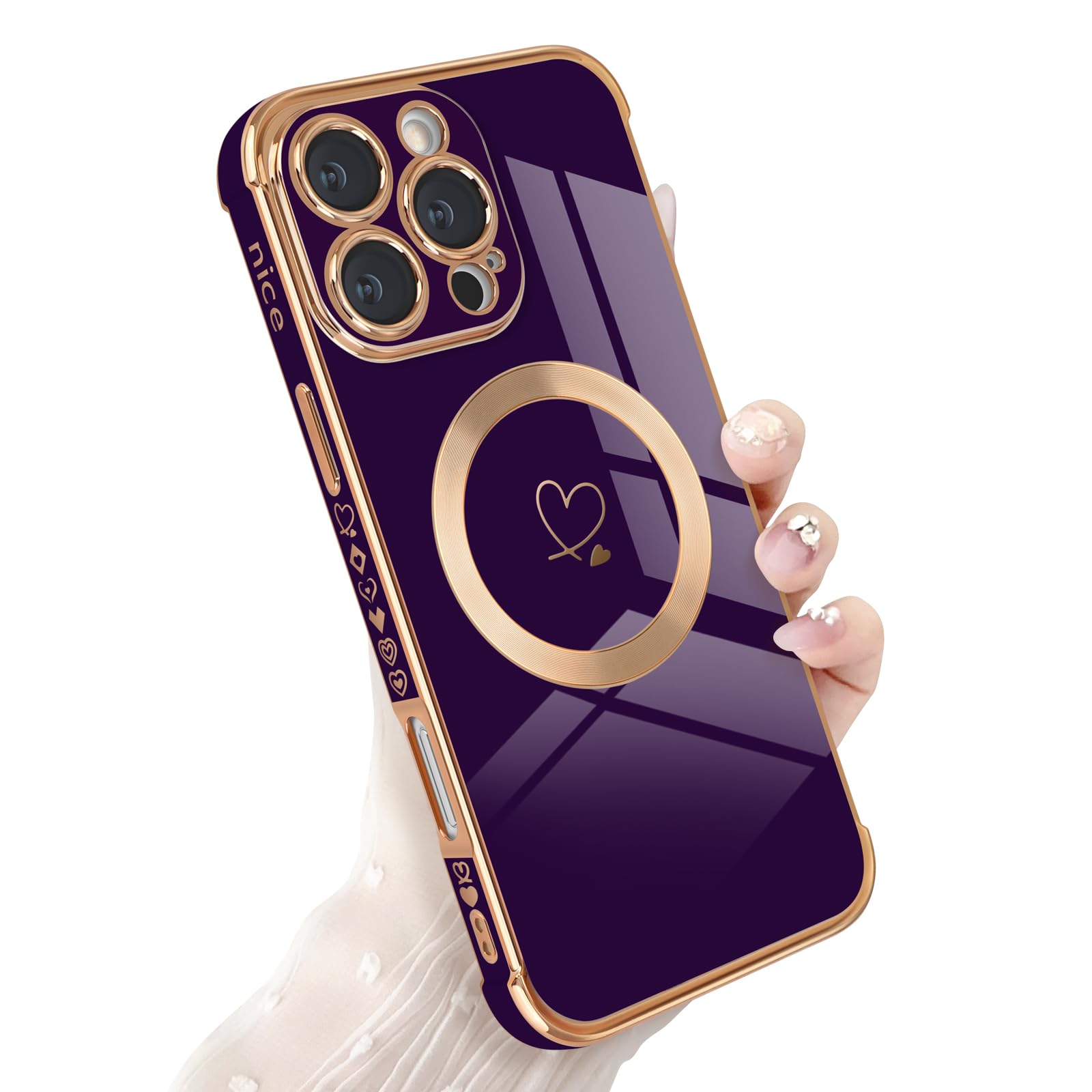 Newseego Custodia Magnetica per iPhone 16 Pro Max [Compatibile con Magsafe], Carino Cuore Ragazze Donne Morbido TPU Antiurto Fotocamera Copertura di Protezione per iPhone 16 Pro Max-Viola Scuro - Vista 1