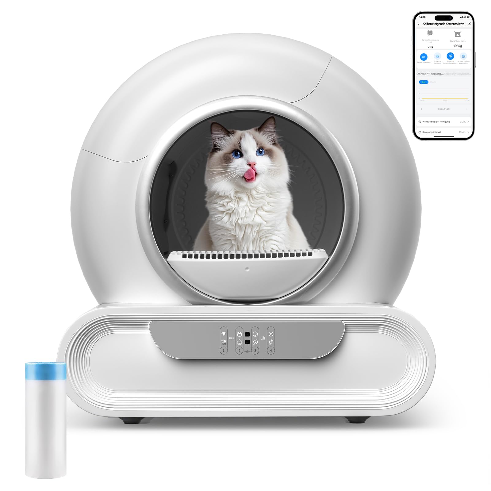 Arenero Gatos Autolimpiable - Silencioso, Caja de Arena para Gatos Automático de 74L, 4 Sensores de Peso/Infrarrojos, Sistema Purificador de Olores y Control Remoto App - Arenero Autolimpiable Multifu