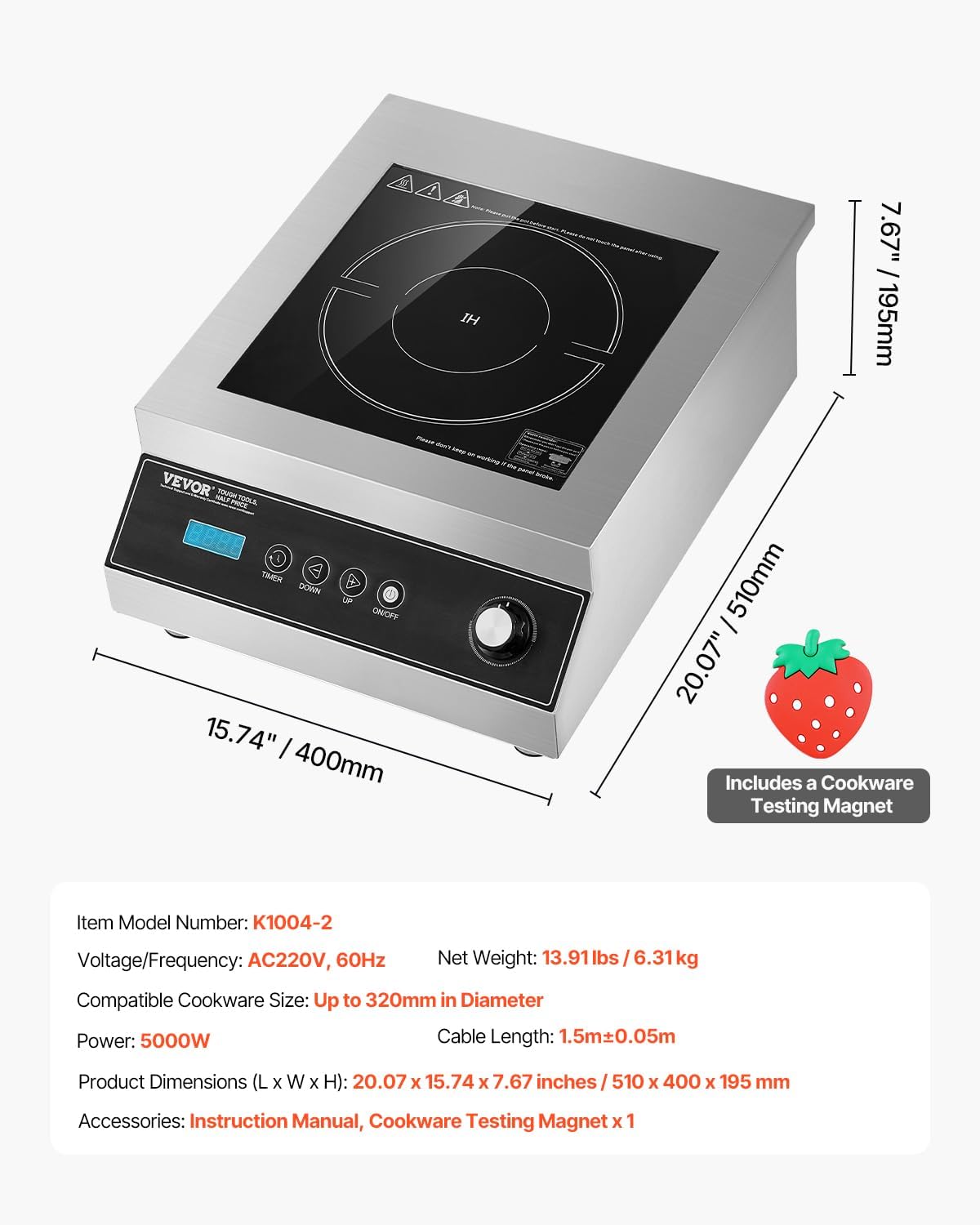 VEVOR Portable Commercial Cooktop, 5000W Induction Burner with 16 Temp Settings, Stainless Steel Countertop Induction Hot Plate with 4H Timer, Child Lock