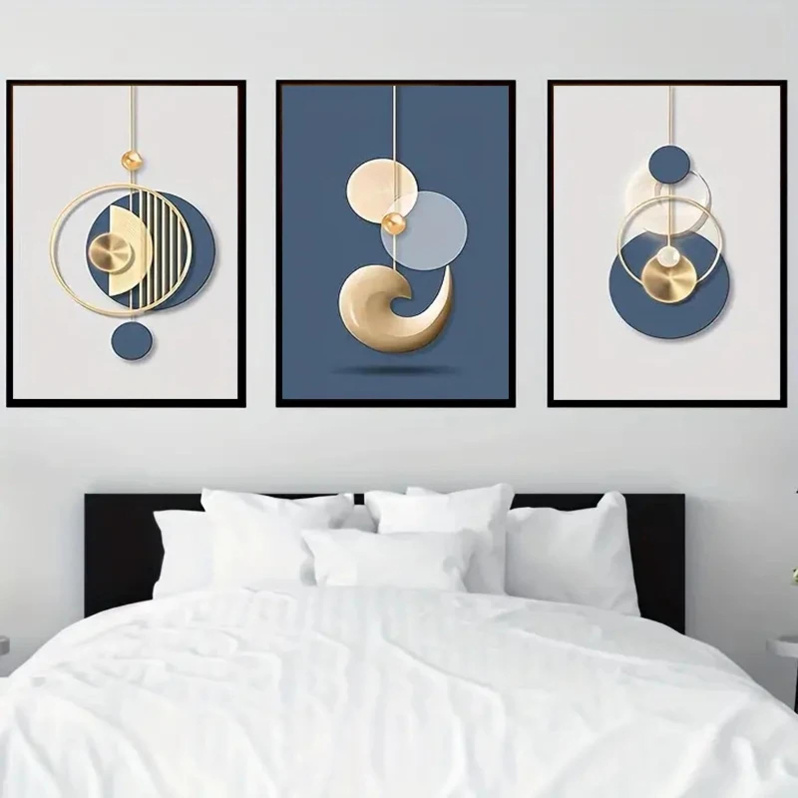 Póster de lienzo de 3 piezas para decoración de pared, arte moderno, impresiones gráficas abstractas en azul dorado para dormitorio, sala de estar, pasillo, 70 x 100 cm x 3, sin marco