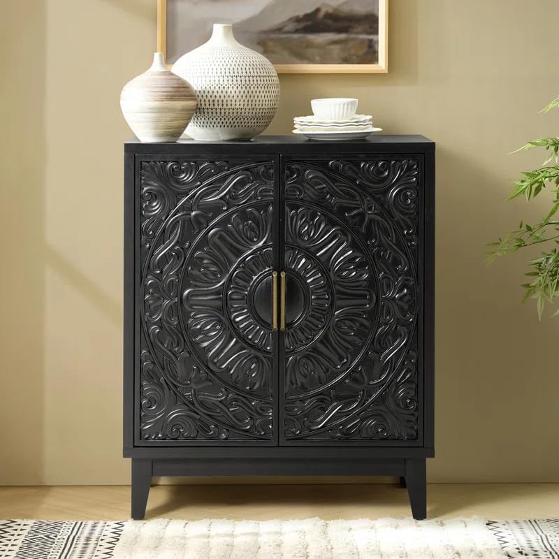 Hand-Carved Wooden Sideboard Cabinet with Floral and Geometric Designs - 30" x 36" x 15" (Black)