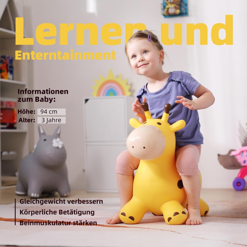U&C Planet Hüpftier für Kinder Aufblasbare Giraffe Gelbe Giraffe Hüpfer mit Handpumpe Geschenk 1-6