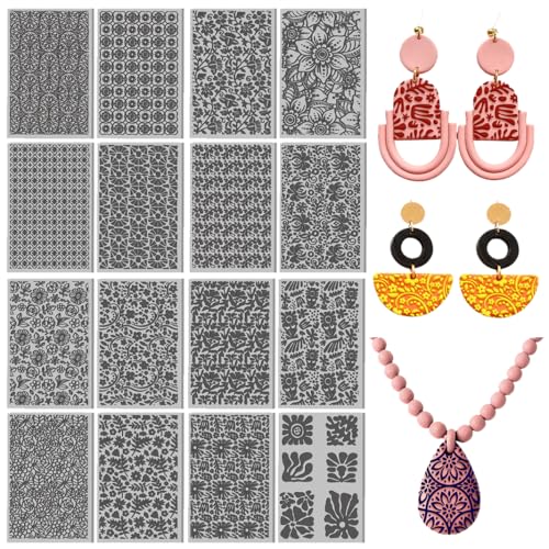 Image of 16 Pcs Floral Leaves Pattern Polymer Texture Clay Sheet Vintage Plants Patterns Rubber Texture Mat for Polymer Clay Making Earrings Jewelry DIY Crafts 4 x 2.5 Inch