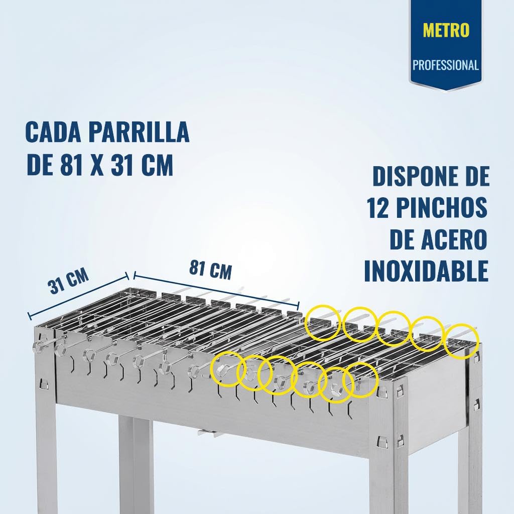 METRO Professional Barbacoa de Carbón Rectangular Karasu, Acero Inoxidable, 31 x 81 x 80 cm, 2 Rejillas,12 Pinchos, Plata