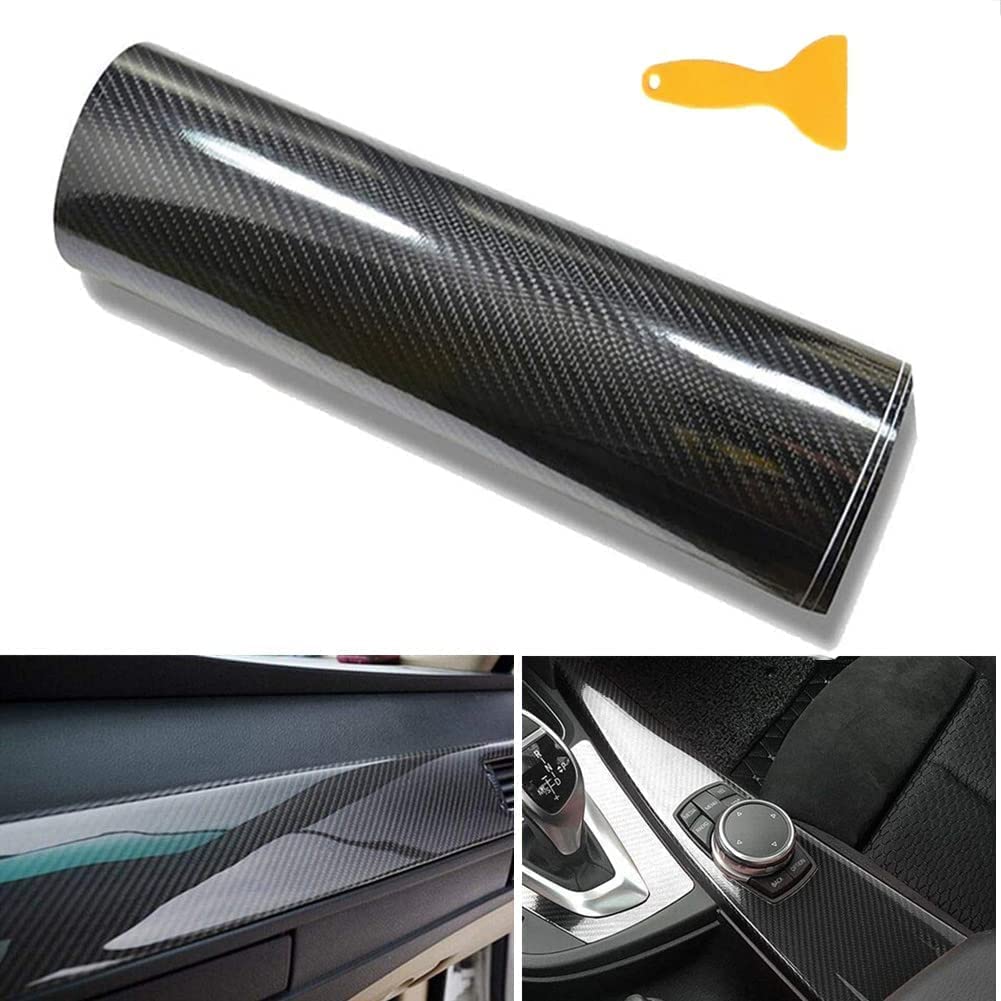 6D Carbon Fiber Sticker Car Vinyl Wrap Sheet with Scraper Self-adhesive Bubble-free Carbon Fibre Sticker Roll Waterproof Vinyl Wrapping Tape Wrap Protective Film for Car Vehicle&Laptop 30 x 150cm