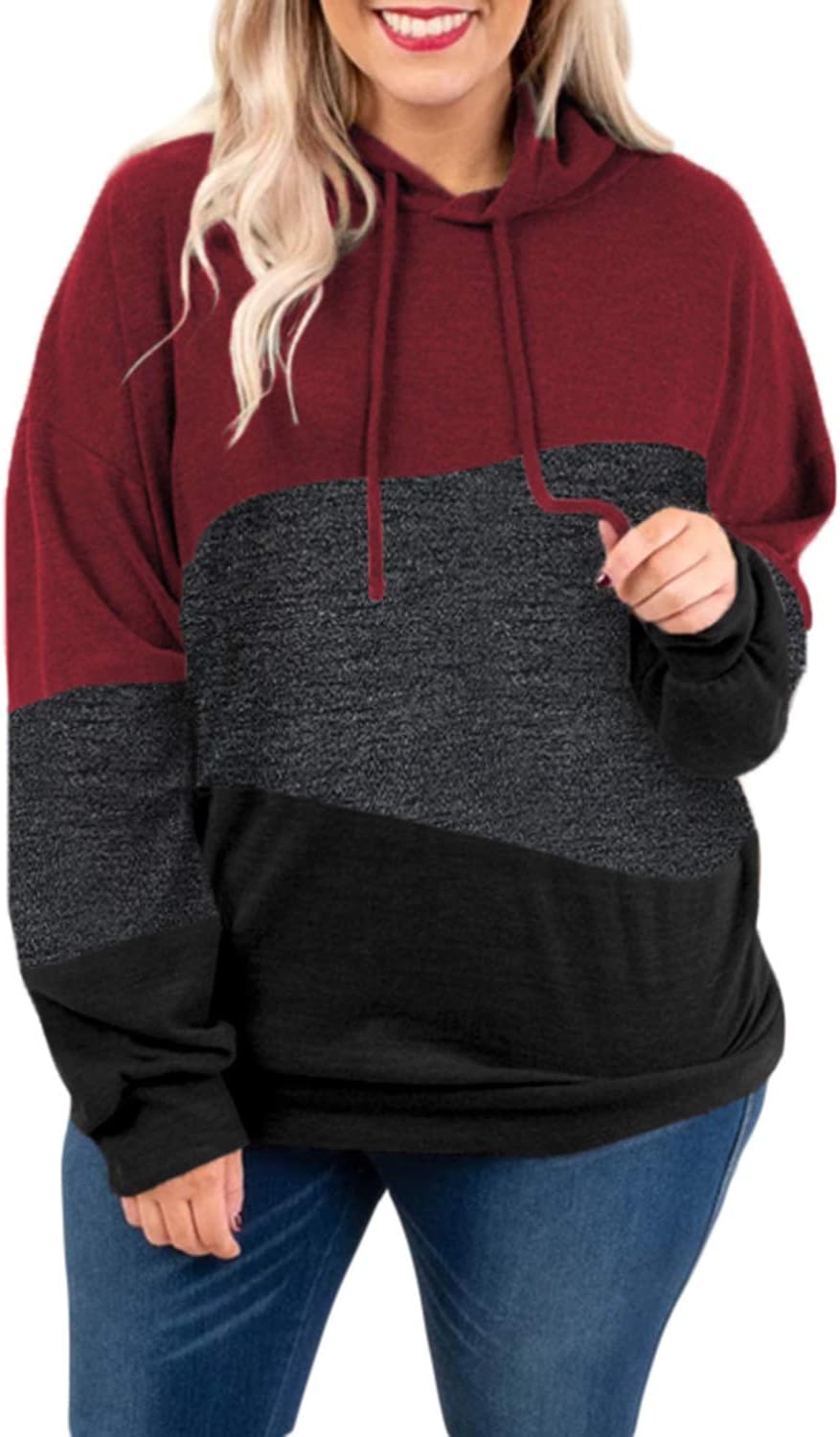 Eytino Women Plus Size Hoodies Sweatshirts Long Sleeve Colorblock Drawstring Hooded Tops(1X-5X)