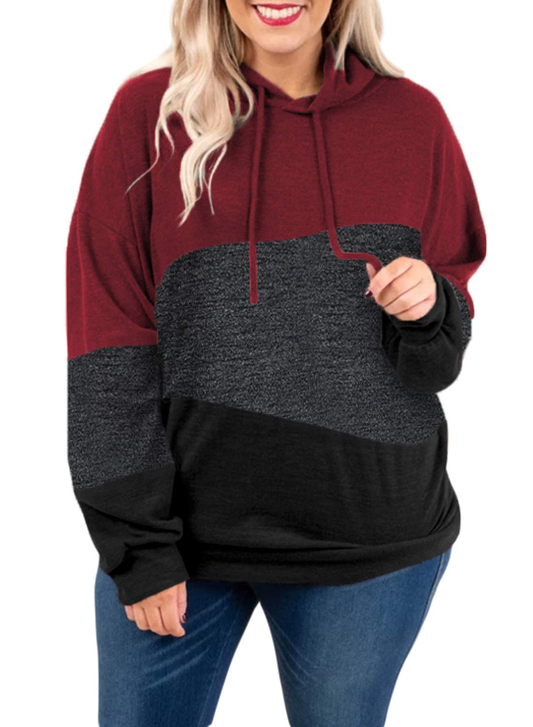 Eytino Women Plus Size Hoodies Sweatshirts Long Sleeve Colorblock Drawstring Hooded Tops(1X-5X)
