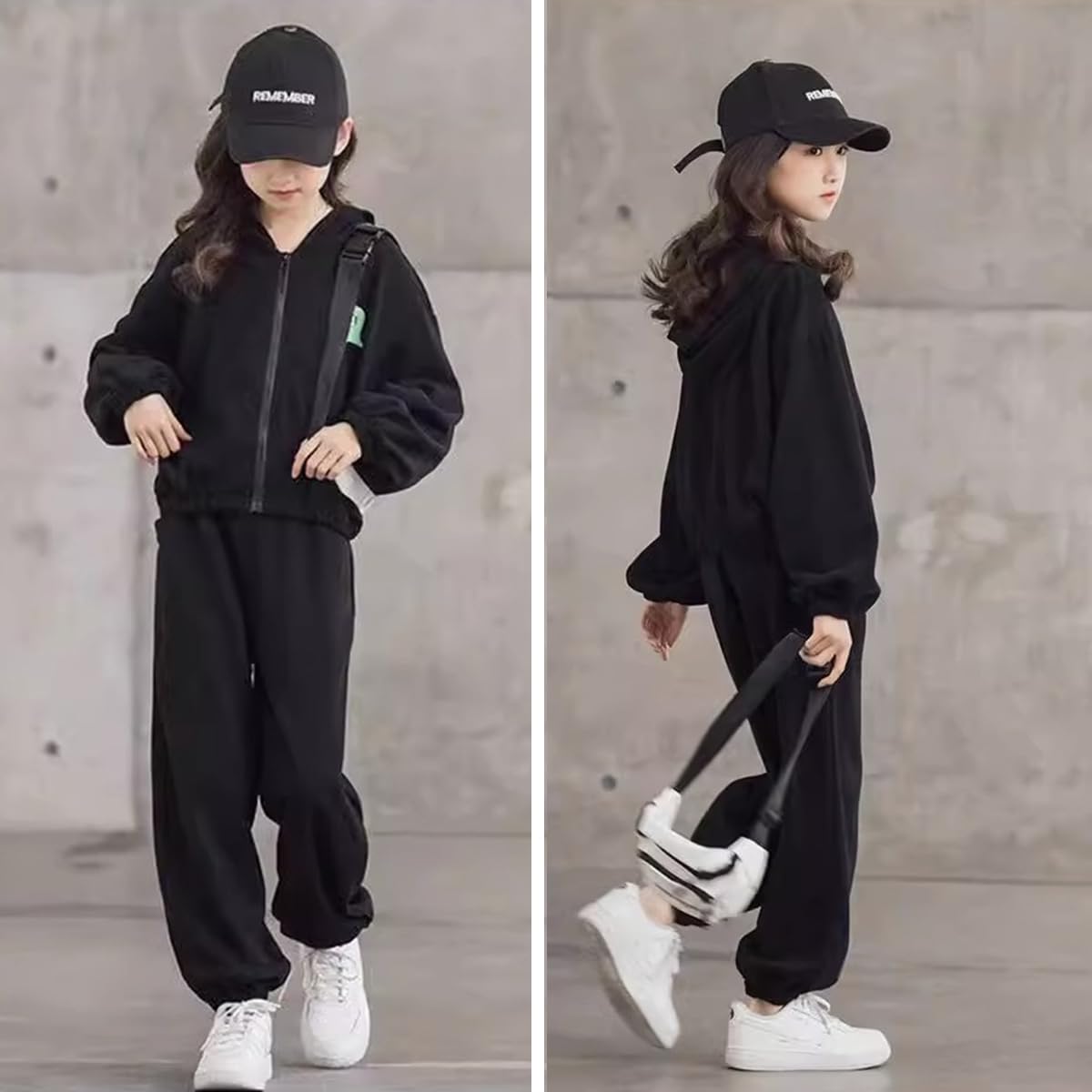 linboo Survêtement 3 pièces pour fille (veste de survêtement + pantalon de sport + haut court) - Tenue hip hop pour enfants et filles