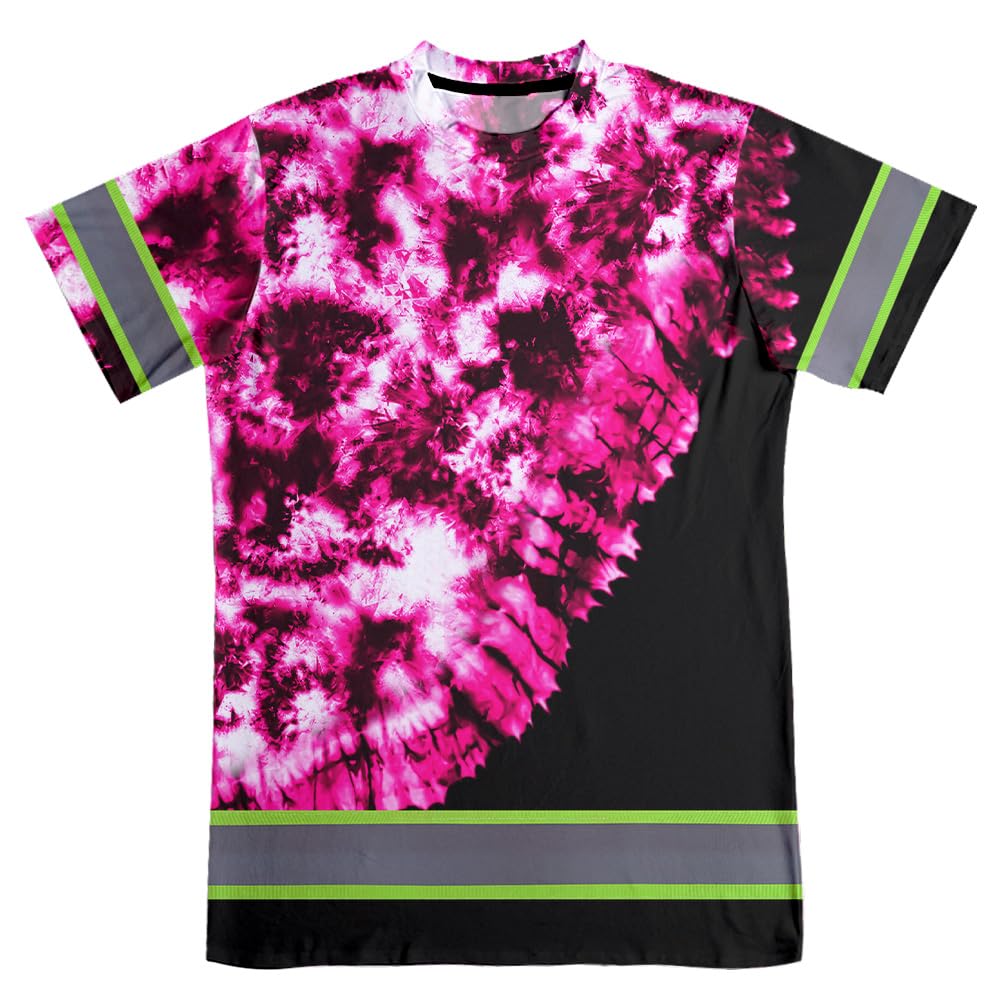 Maddly Tie Dye High Visibility Shirt, Custom Name Safety Workwear with Sewn Reflective Strip for Workers, Runners, Truckers