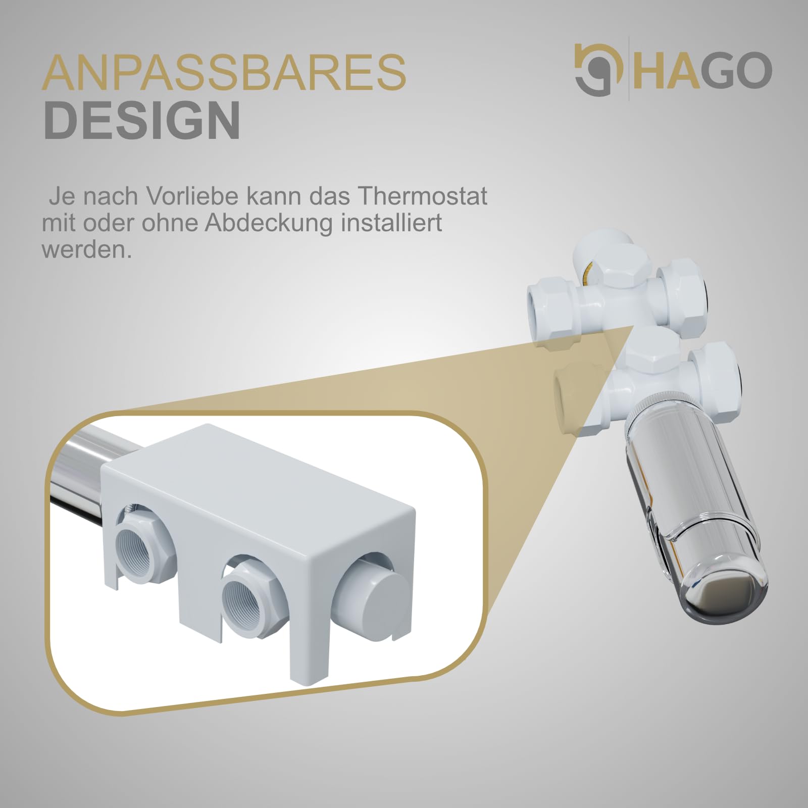 HAGO 24, valvola termostatica, termosifone, attacco centrale da 50 mm, universale, bianco, forma angolare, forma passante, sensore idrosensore, protezione antigelo, 5 livelli