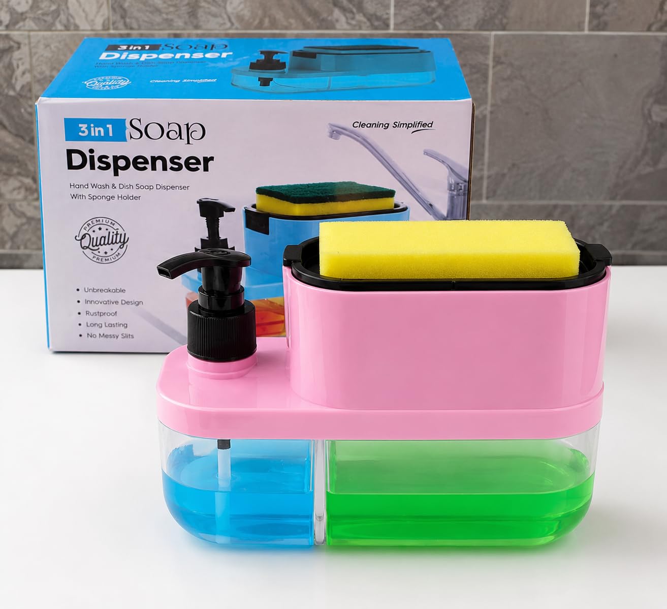 3-in-1 Soap Dispenser for Kitchen Sink | Liquid Soap Pump with Sponge Holder | Press-Type Dish Wash Dispenser | Refillable Kitchen & Bathroom Soap Dispenser | Multi Colour-image-22