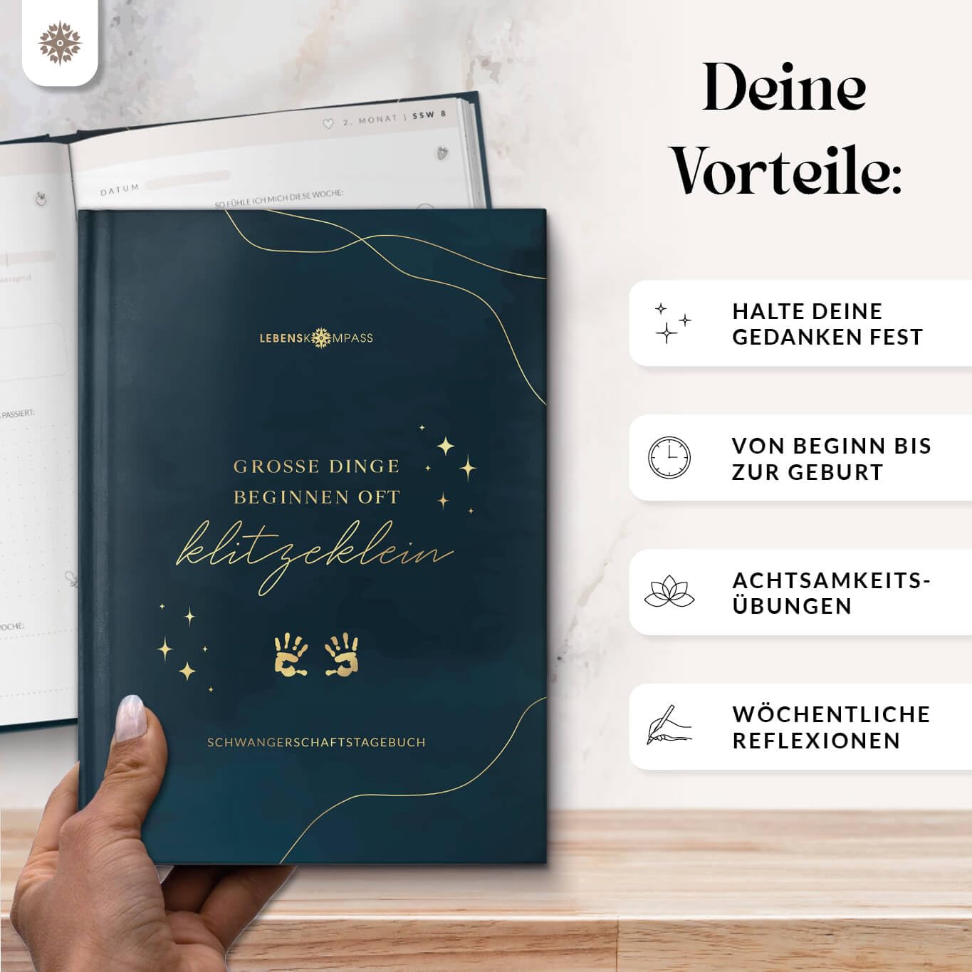 Lebenskompass® Schwangerschaftstagebuch "FUNKEL" Schwangerschaftsbuch für Erinnerungen, Reflexion und Achtsamkeit - Tagebuch Schwangerschaft mit Platz für Fotos und Notizen - A5