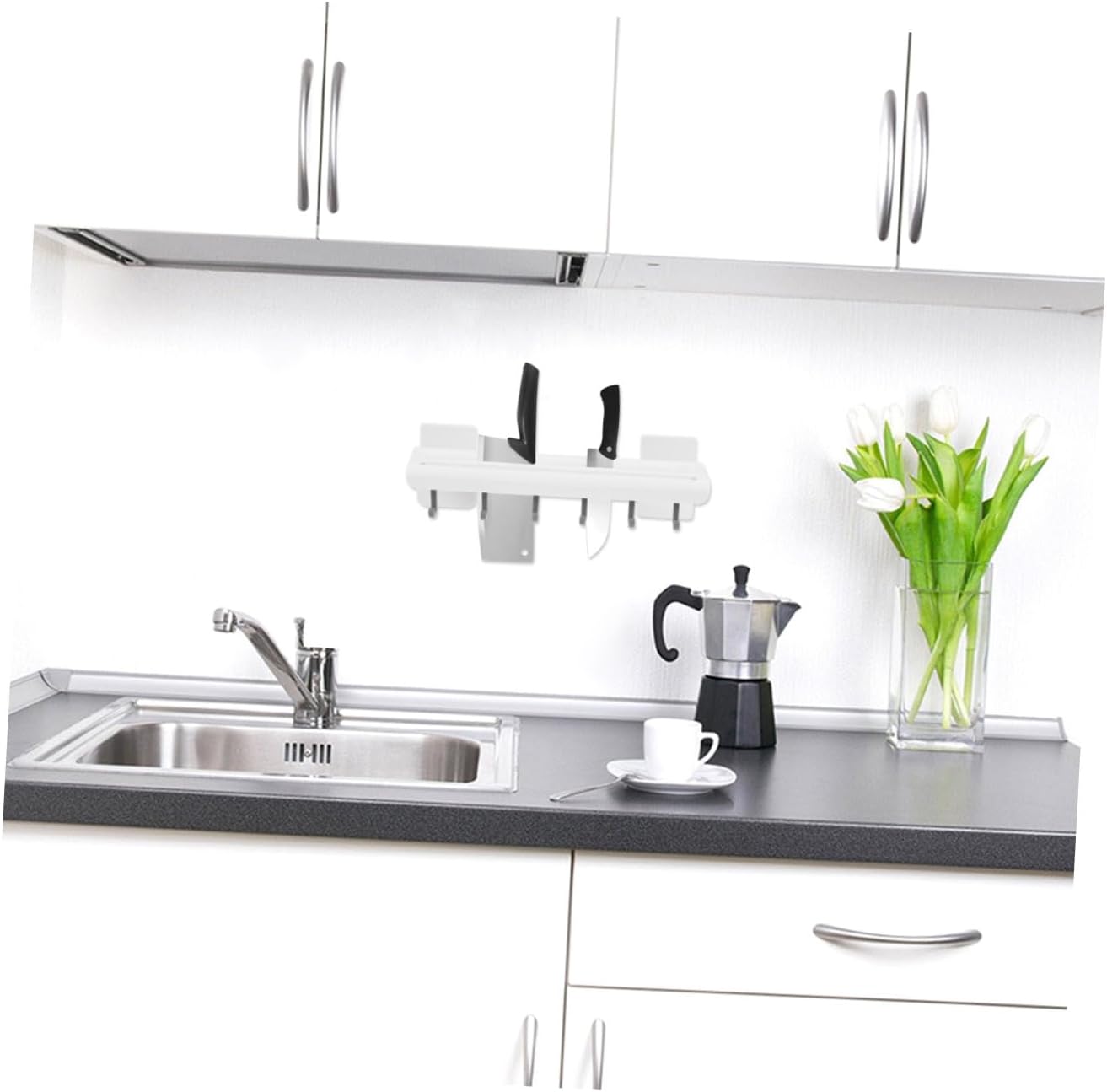 Wall Mounted Kitchen Utensil Rack with Adhesive Hooks, White Hanging Utensil Holder for Knives and Spoons, No Drilling Storage Organizer for Home Kitchen