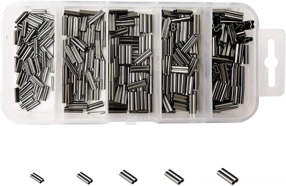 300pcs/box Copper High Strength Double Barrel Crimp Sleeves Copper Tube Fishing Line Connector Kit,Size 0.8,1.0,1.2,1.4,1.6mm