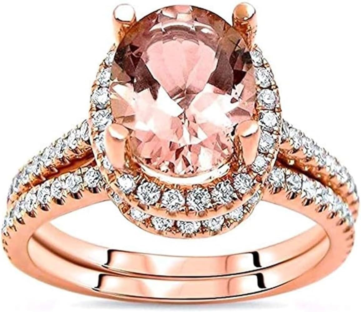 Oval Cut Morganite & Simulated Diamond Halo Engagement Wedding Bridal Ring Set 925 Sterling Silver 14K Rose Gold Finish for Women's