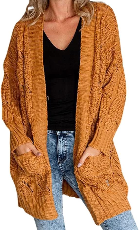 Miladusa Women's Cardigan Sweaters Long Sleeve Plus Size Solid Cable Knit Open Front Outerwear with Pockets - Image 2