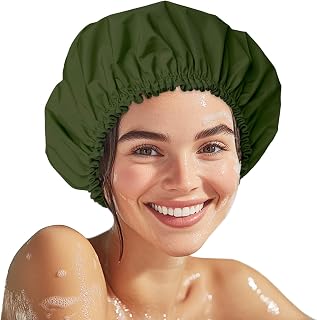 Shower Cap for Women, Double Layer Waterproof Bath Cap, Reusable Hair Protector, Large Waterproof Shower Bonnet Washable Elastic Band Bath Hair Hat for Long Hair, Braids， - Dark Green