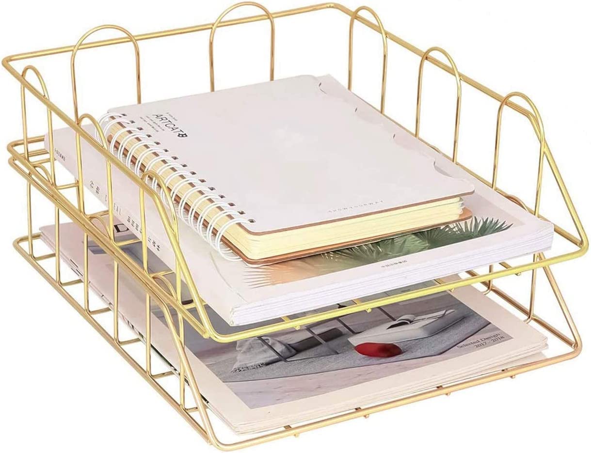 LELYFIT un Juego de 2 Gestores de Escritorios Metálicos Apilables de Archivos de Contenedores de Basura, Gestores de Cartas de Papel de Carpeta A4 Discos de Archivos Metálicos Domésticos (Dorado)