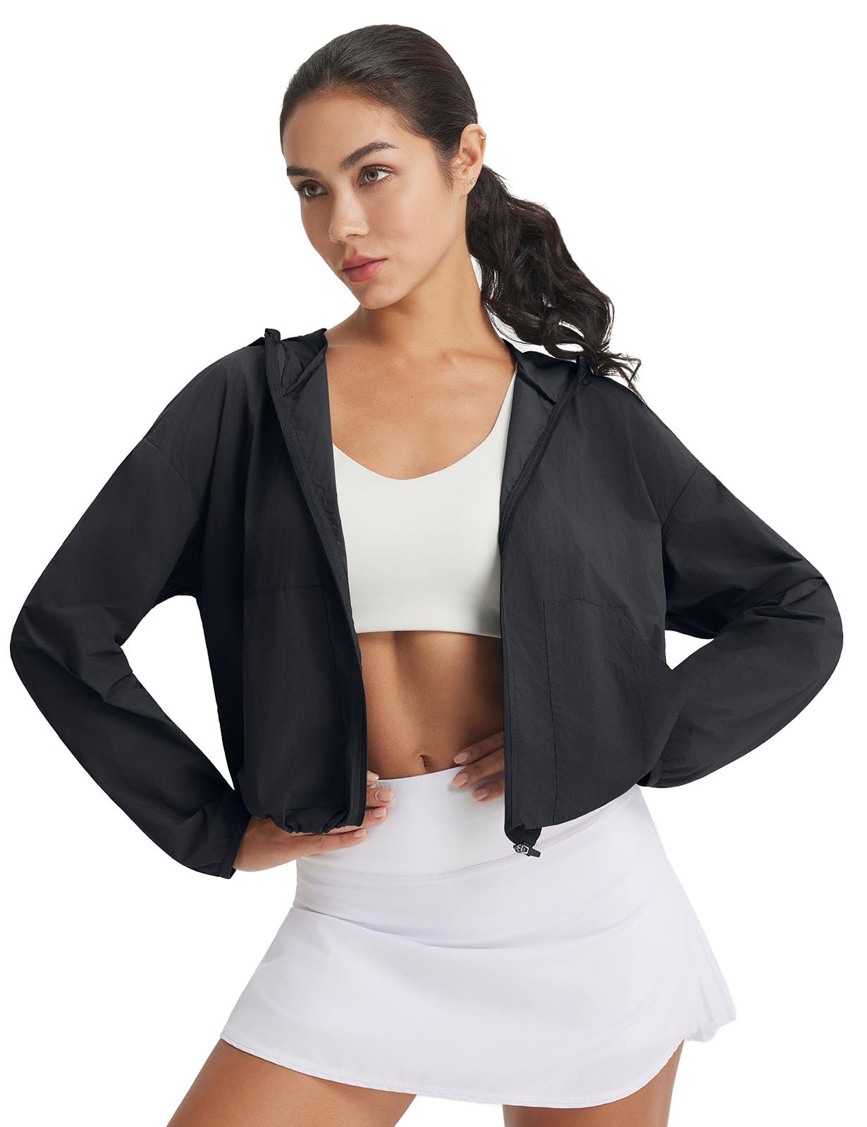 Photo 1 of baleaf Women's Sun Jackets Packable Long Sleeve Lightweight Crop Windbreak UV Shirt UPF 50+ Zip Up Sun Hoodie Athletic Hiking Black S