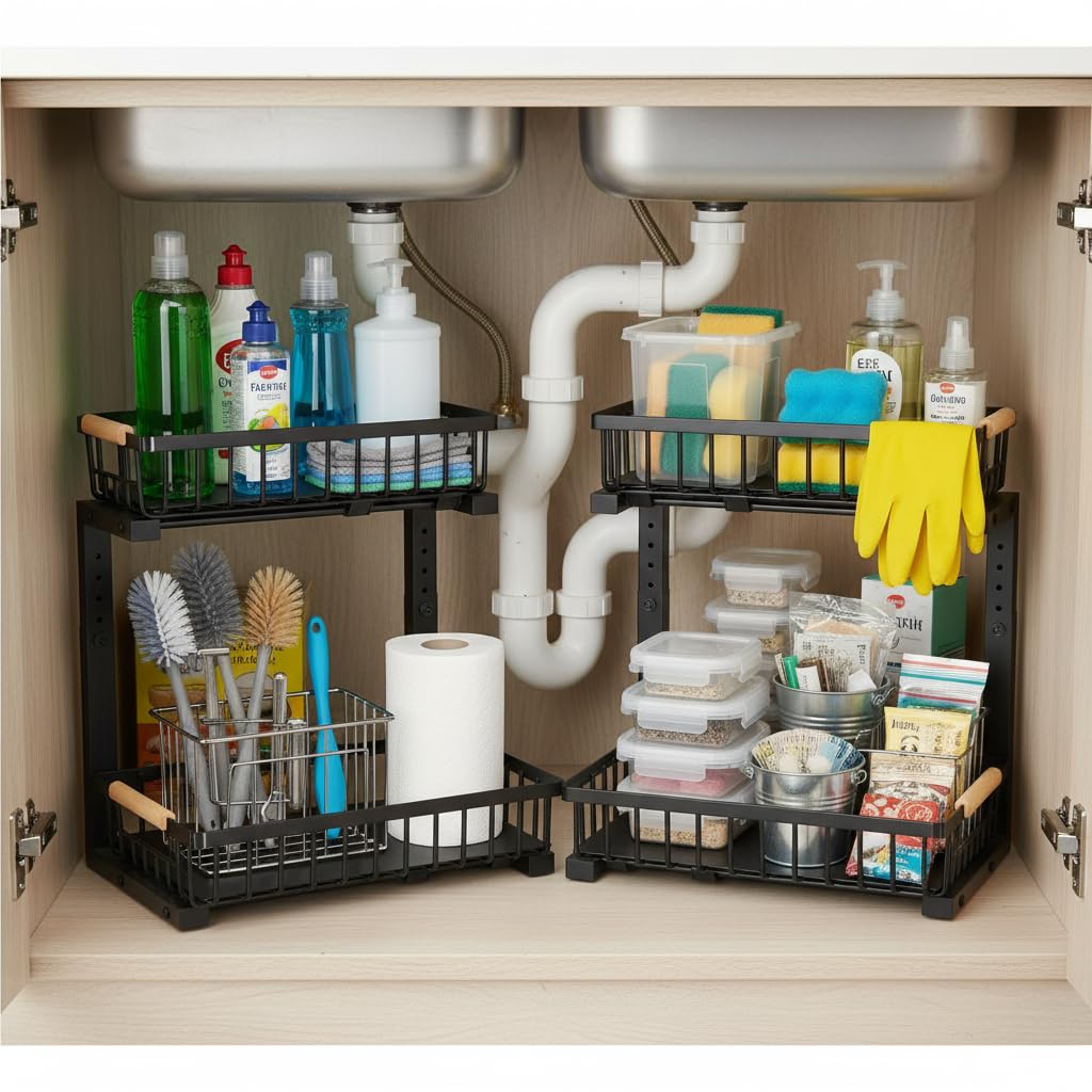 Metall Spülschrank Organizer, 2 Stück 2-Etagen Ausziehbarer Unter Waschbecken Regal, Ausziehbares Unterschrank Lagerregal für Küche, Badezimmer & Speisekammer (2er Pack)