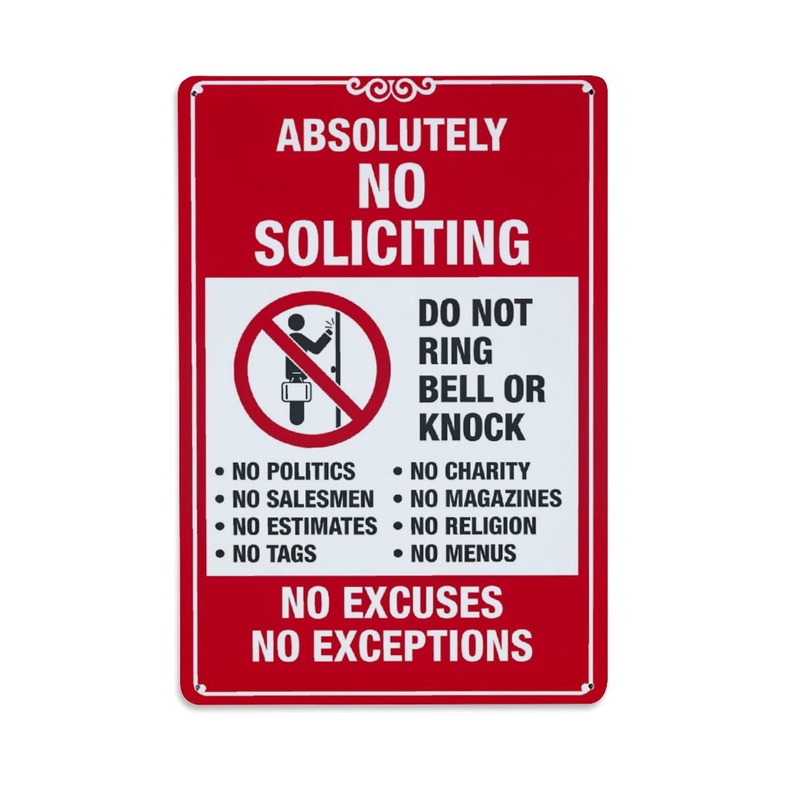 Absolutely No Soliciting Sign_2 Retro Metal Tin Sign, Vintage Metal Poster for home, Gaming Room, Studio Workshop,Bar,Garage Wall Art Decor 8x12 Inch