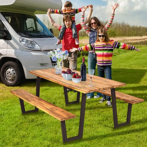 Happygrill Outdoor Picnic Table Bench Set With Wooden Top & Steel Frame, Patio Dining Picnic Table Set With Umbrella Hole For Garden Backyard #TOP4