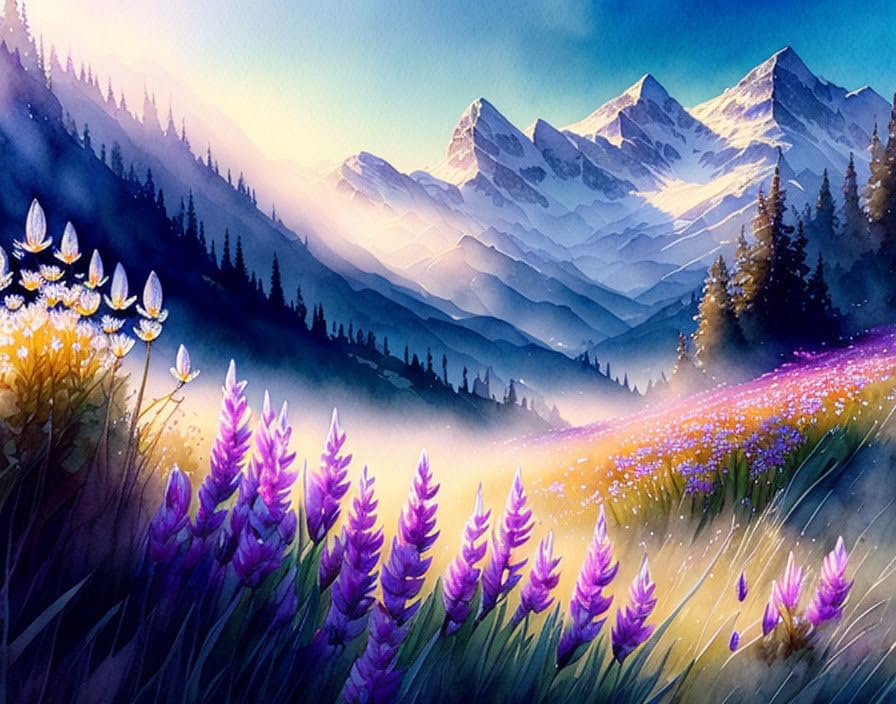 Rouleau de fleurs printanières poster montagnes brumeuses pour décoration salon zen