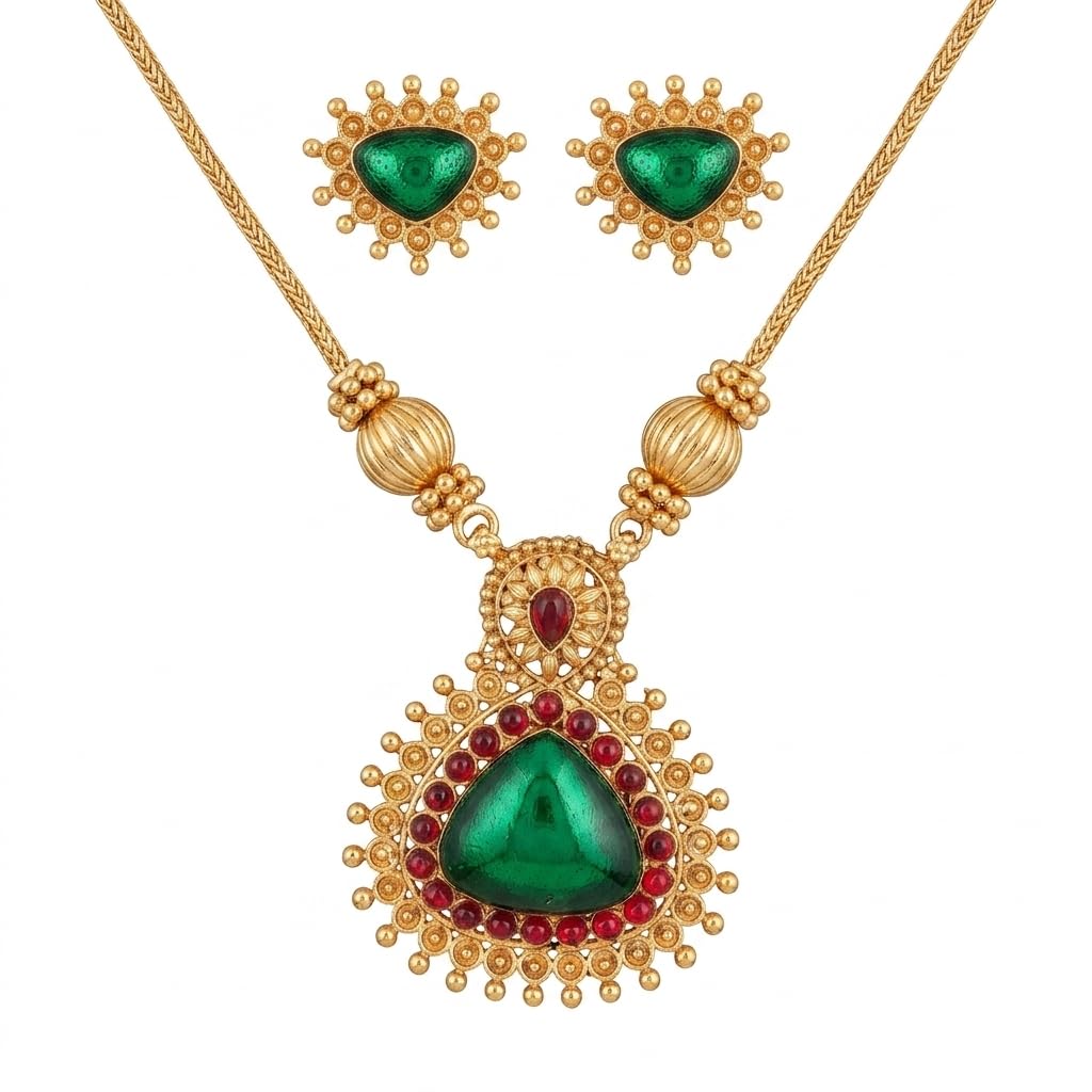 NILARA Gold Plated Temple Jewellery Necklace Set for Women | Lotus Design & Kundan Style Choker & Pendant Sets with Earrings | Traditional Antique Finish Adjustable Thread Necklace for Girls & Women