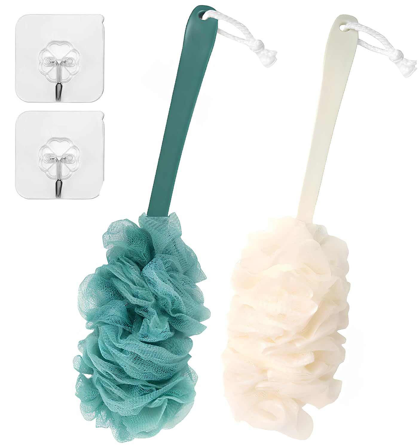 2 Pieces Back Brush Scrubber Shower Loofah Long Handle Bath Brush Shower Body Brushes with Bath Net Sponge Soft Mesh for Exfoliating and Removing Dead Skin for Men and Women(Blue and Beige)