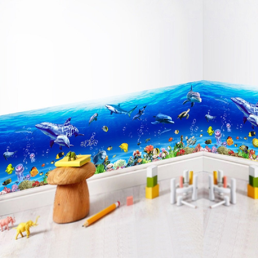 3D Under The Sea World Nature Scenery Removeable Art Decals Ocean Animals Sharks, Dolphins, Coral Wall Decals Peel Stick Art Stickers for Bathroom