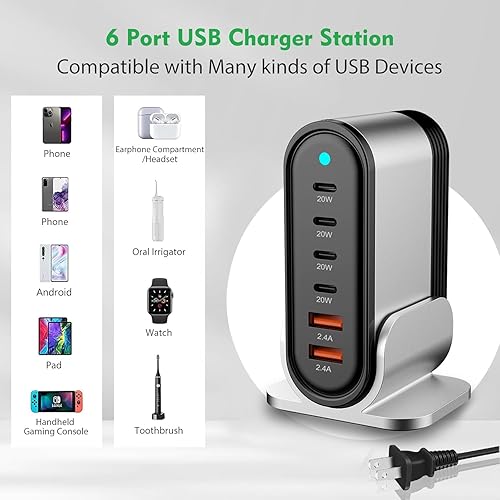 Miniatura 7 de Asiento de carga USB 6 en 1, concentrador multipuerto, estación de carga de pared de carga rápida, adaptador de corriente para iPhone14131211, iPad,