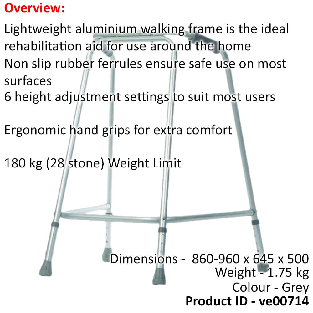 Lekka aluminiowa rama do chodzenia – 860-960 mm regulowana wysokość – duża – antypoślizgowe gumowe tulejki – pomoc w rehabilitacji – ergonomiczne uchwyty – 180 kg (28 kamieni) limit wagowy