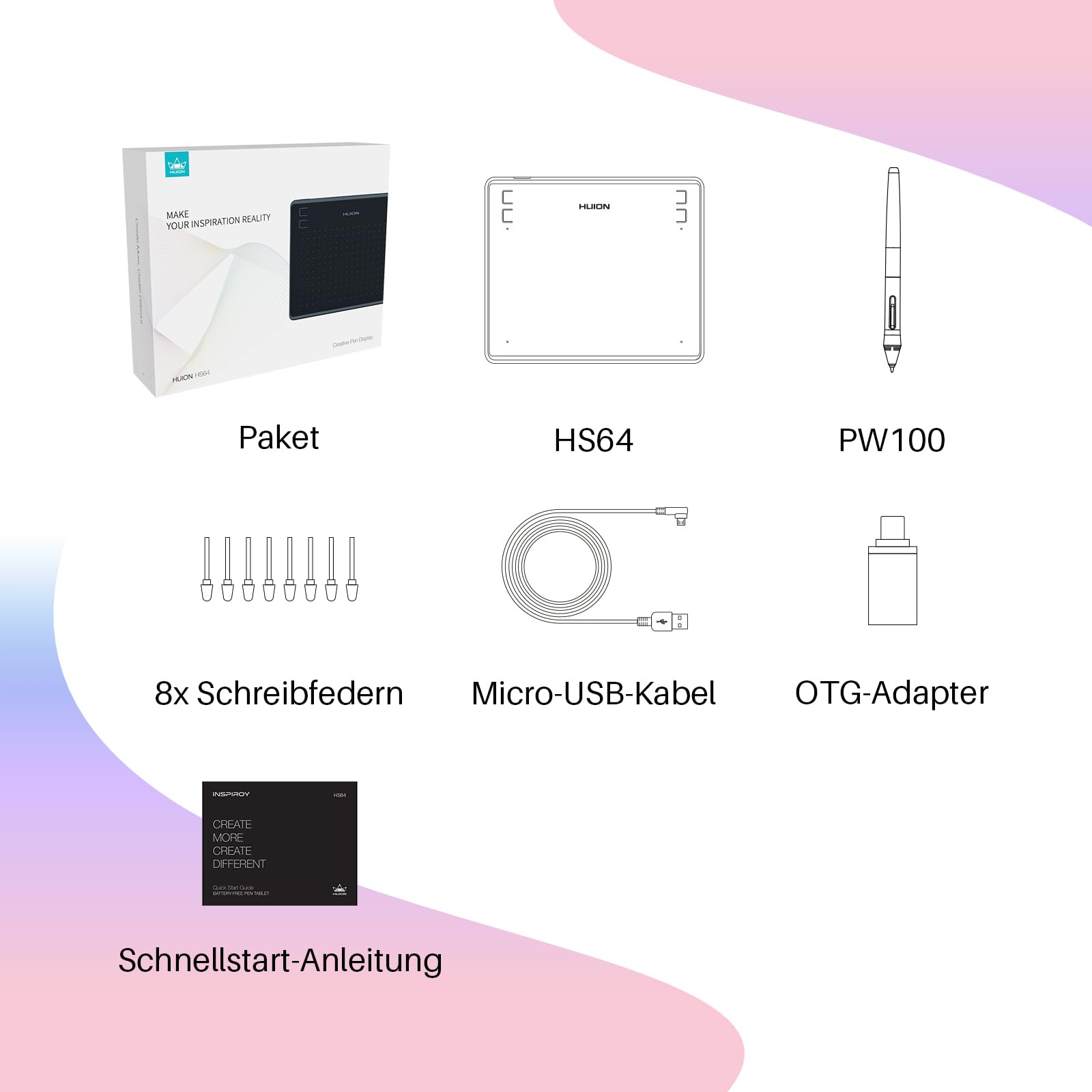 HUION HS64 Grafiktablett, 4 Express-Tasten, 8192 Druckempfindlicher Stift, 6,3 x 4 Zoll Zeichentablett für Win, Mac, Android, Ideal für Digitale Kunst, Malerei und Design
