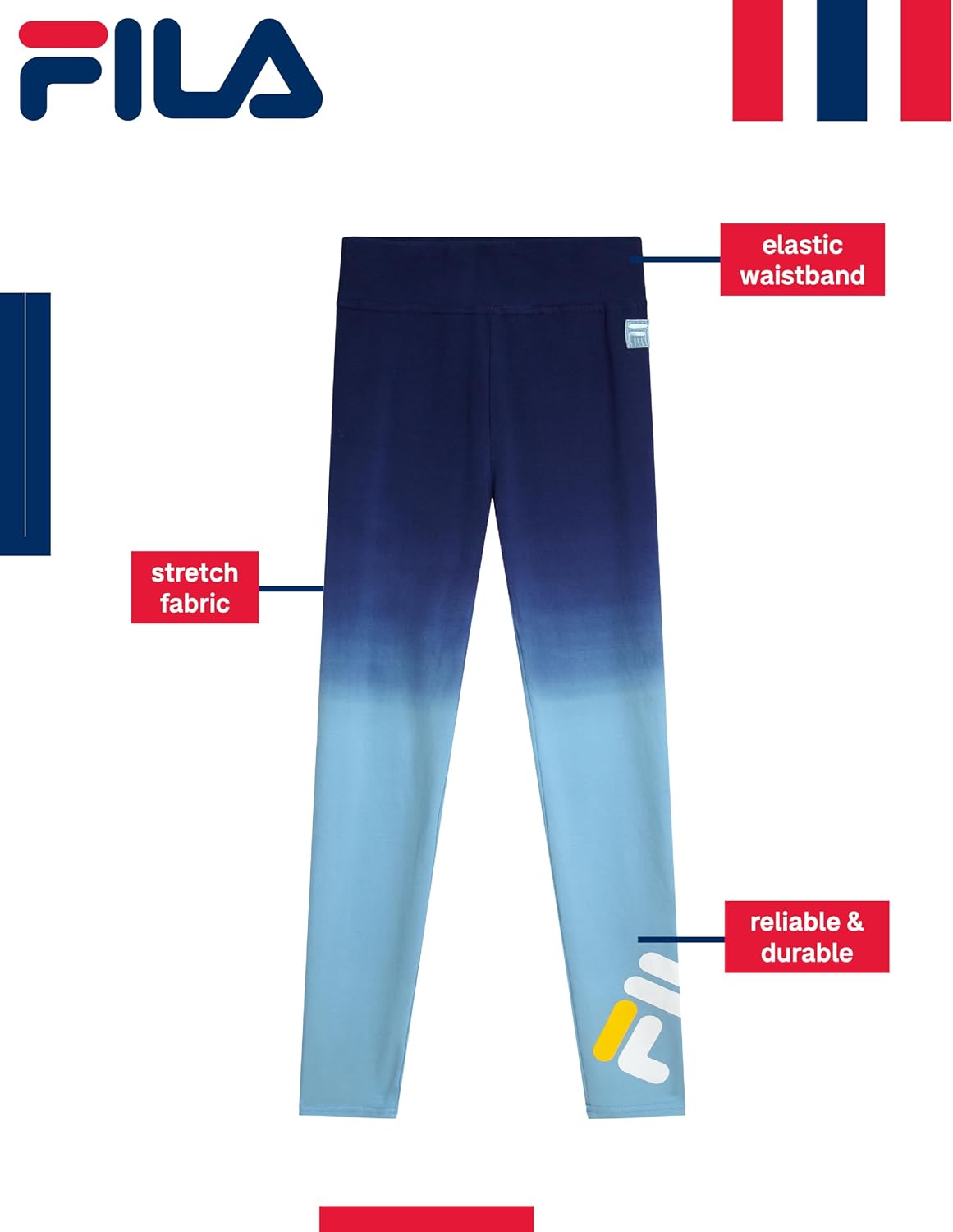 Fila Girls Leggings - Soft Cotton Blend Athletic Stretch High Waisted Leggings for Girls with Elastic Waistband