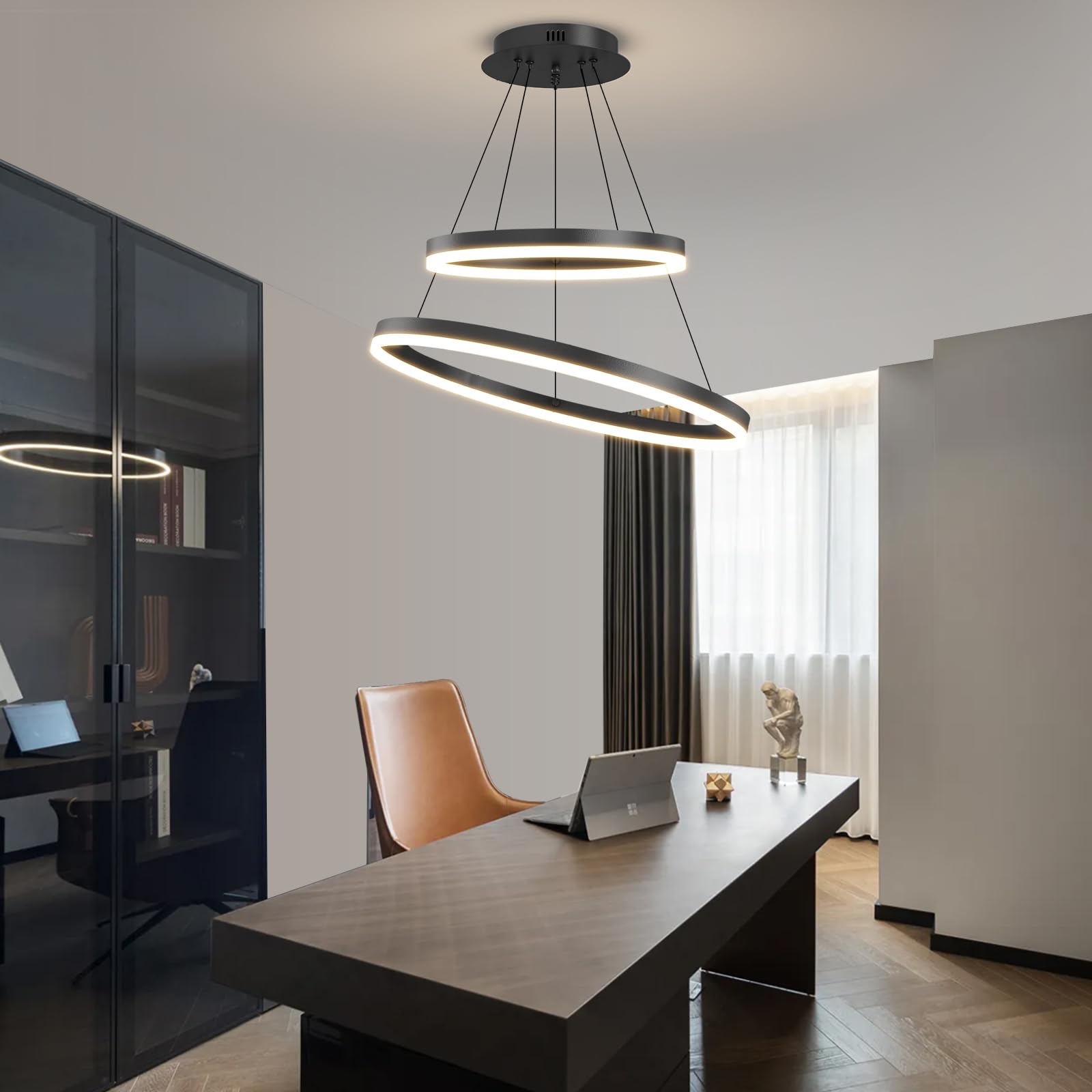 Mikeru 20+40cm 2 Ring Black Pendant Light, Round Double Chandelier Ceiling Shape be Changed Modern Pendant Dining Light 3000k/4500k/6000k 10%-100% Dimmable 1.5m Cord Length Adjustable for Living Room — image 1