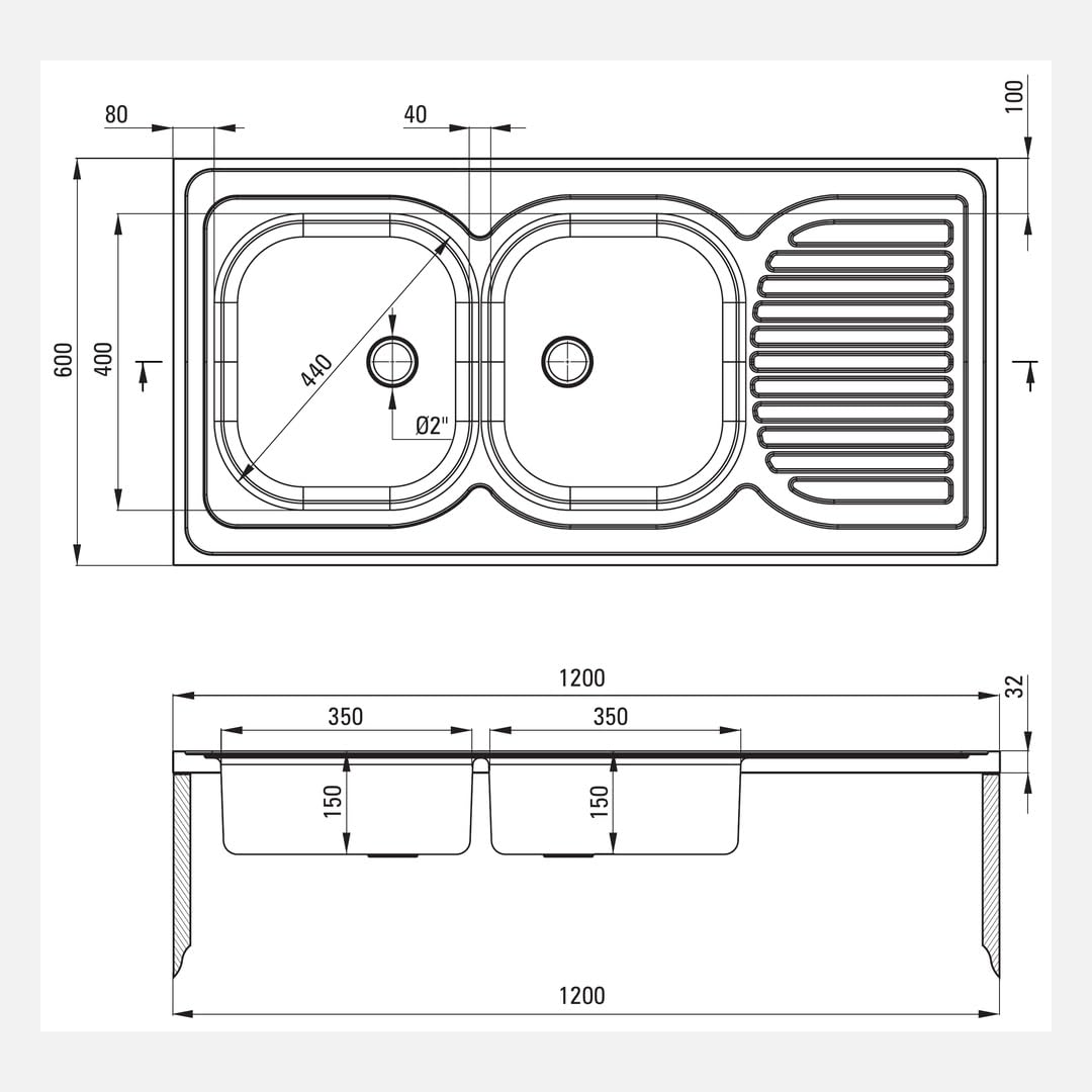 Évier de cuisine à poser en acier inoxydable avec 2 cuves et égouttoir 120 x 60 cm finition satinée - Tavo