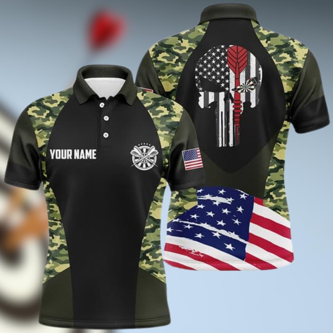 Personalized Skull Dart Shirts for Men, Custom Camo Dart Jersey for Team, US Flag Dart Polo Shirt, Funny Men's Dart Shirts, Dartboard Shirts
