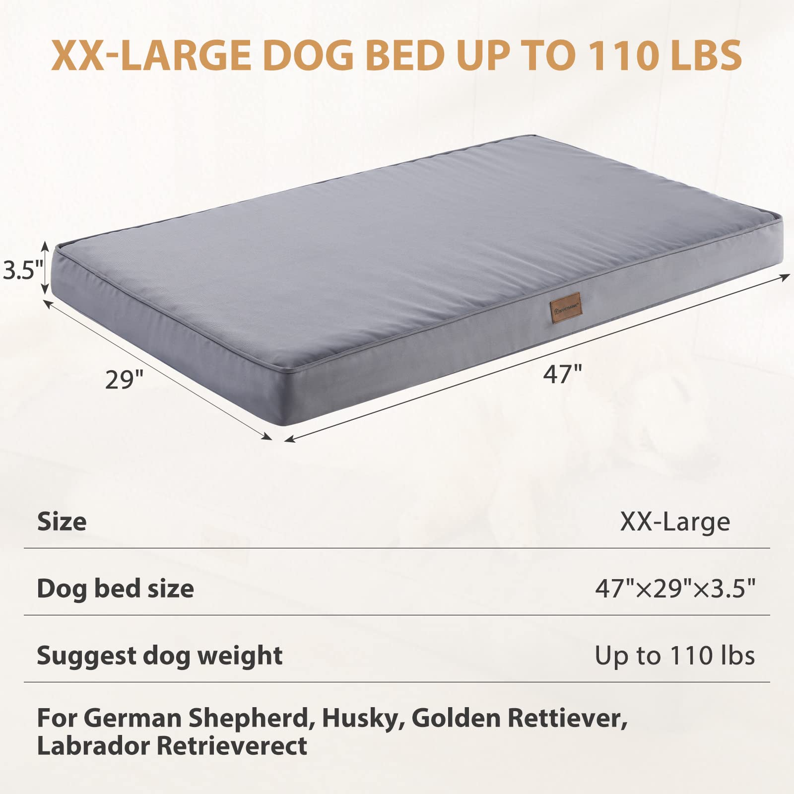 BFPETHOME Cama para perros grandes, impermeable, ortopédica con funda extraíble lavable, alfombrilla de espuma para caja de huevos (47 x 29 pulgadas, gris)