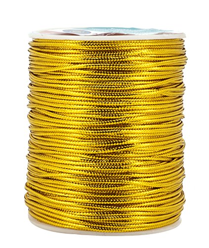 Mandala Crafts 2mm Metallic Cord Tinsel Rope for Gift Wrapping - Gold Cord Wrapping Ribbon - 100 Yds Non-Stretchy Gold Strings for Ornaments