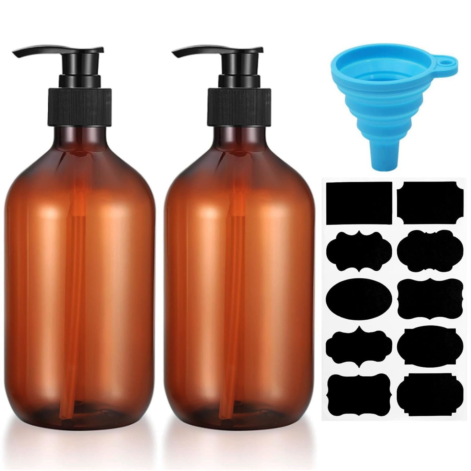 2 Package Shampoo Bottles With Pump, 500ml Brown Plastic shampoo bottles with pump, Kitchen And Bathroom Hand Soap Dispenser With Sticker Soft Rubber Funnel Reusable Amber Soap Dispenser (Brown*2)