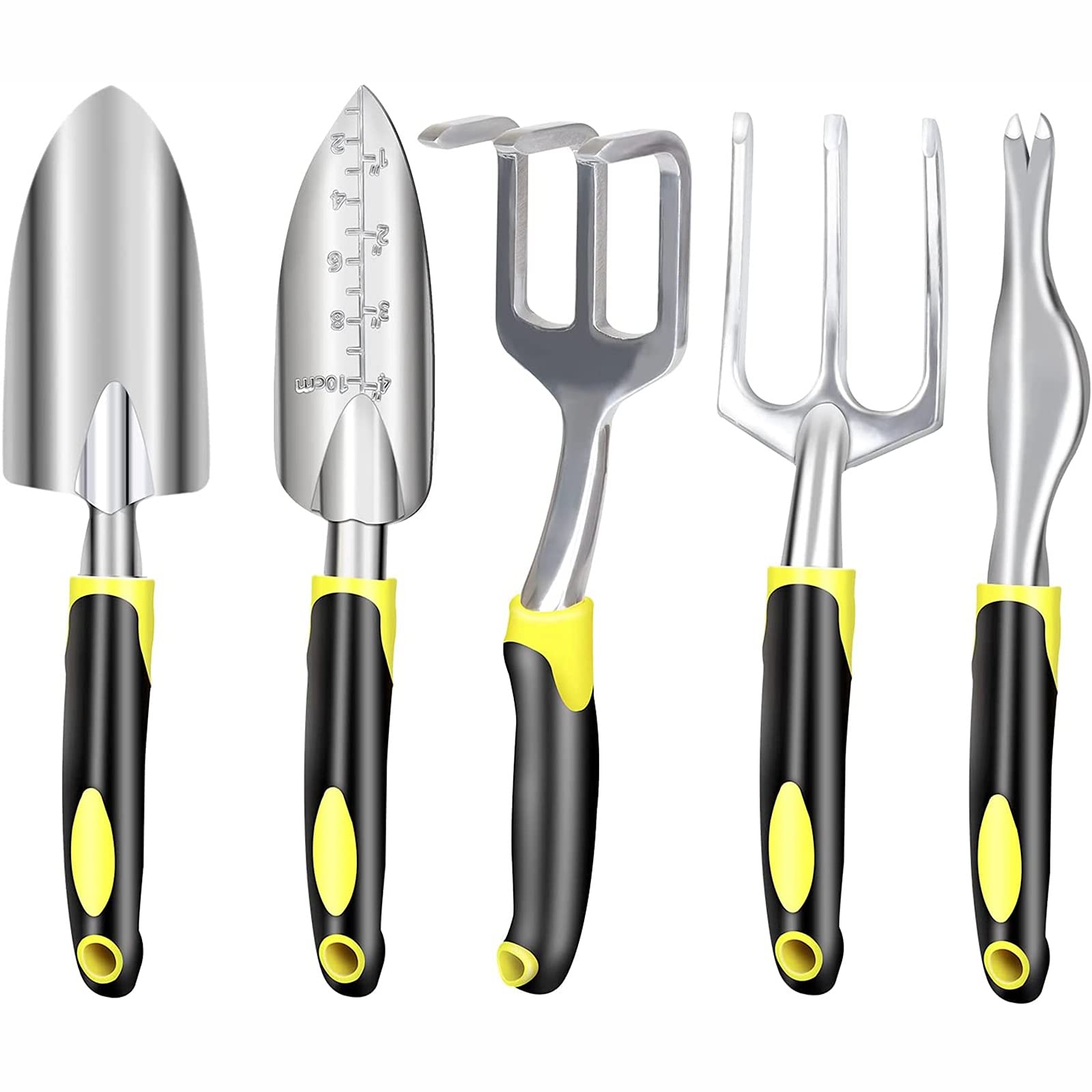 DINGFAN Juego Herramientas Jardín, Juego Jardinería Cabezales Aluminio Fundido Resistentes Mangos Ergonómicos con Rastrillo de Mano, Paleta, Trasplantadora, Cultivadora, Desyerbadora (Number : 5Pcs)