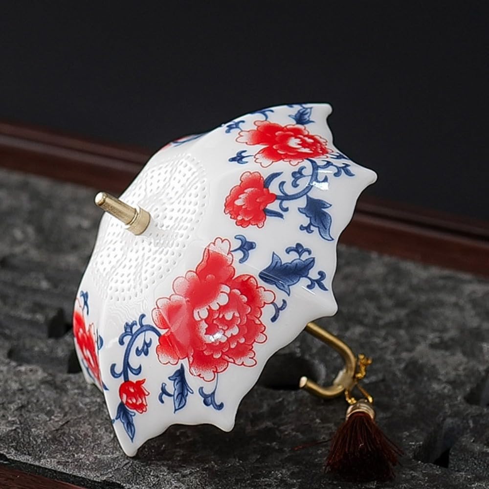 Coador de chá de guarda-chuva de cerâmica com borla, infusor de chá estilo tradicional