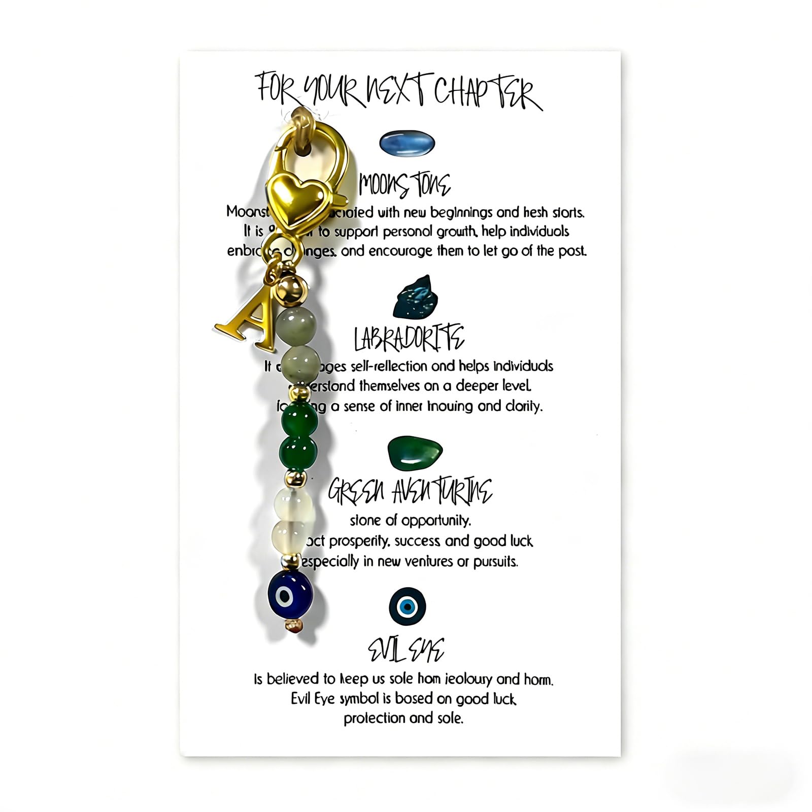 Good Luck Gift Keychain with Gold Letter A & Healing Crystals - Moonstone, Labradorite, Green Aventurine, Evil Eye - New Beginnings, New Job, Goodbye Gift for Women, Men, Inspirational Card Included