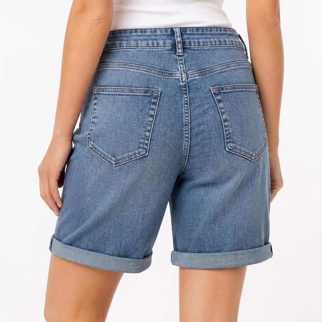 Women’s High Waisted Denim Shorts Stretch Jean Shorts Relaxed Fit Tummy Control Rolled Hem Summer Casual Shorts
